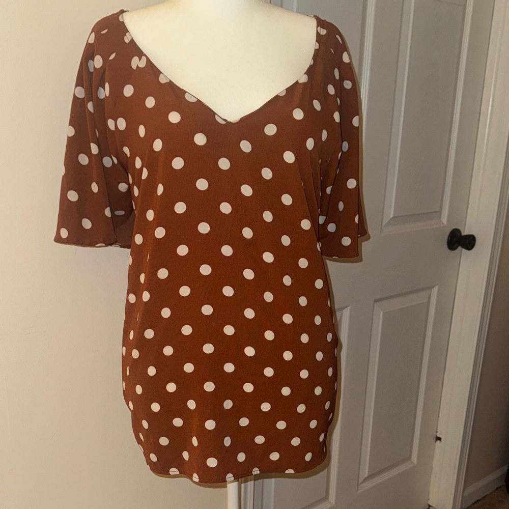 Polka Dot V-Neck Brown Blouse